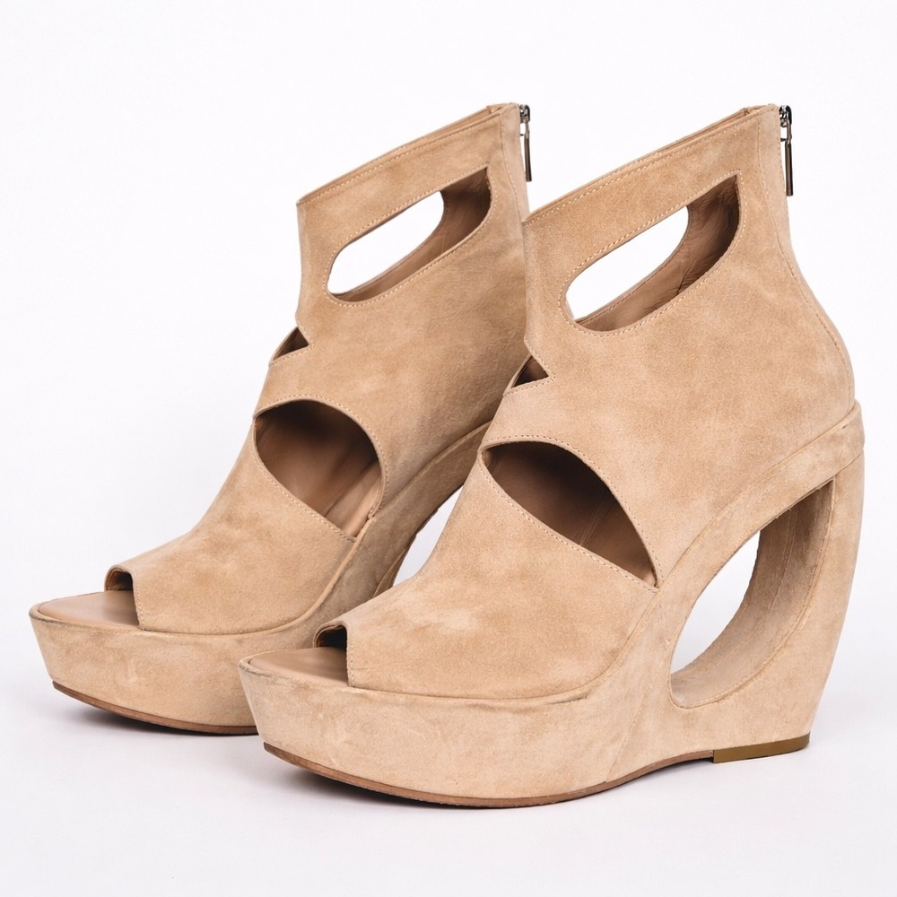 Authentic - Ann Demeulemeester Size 39 Suede Cutout Platform Wedge Booties Italy